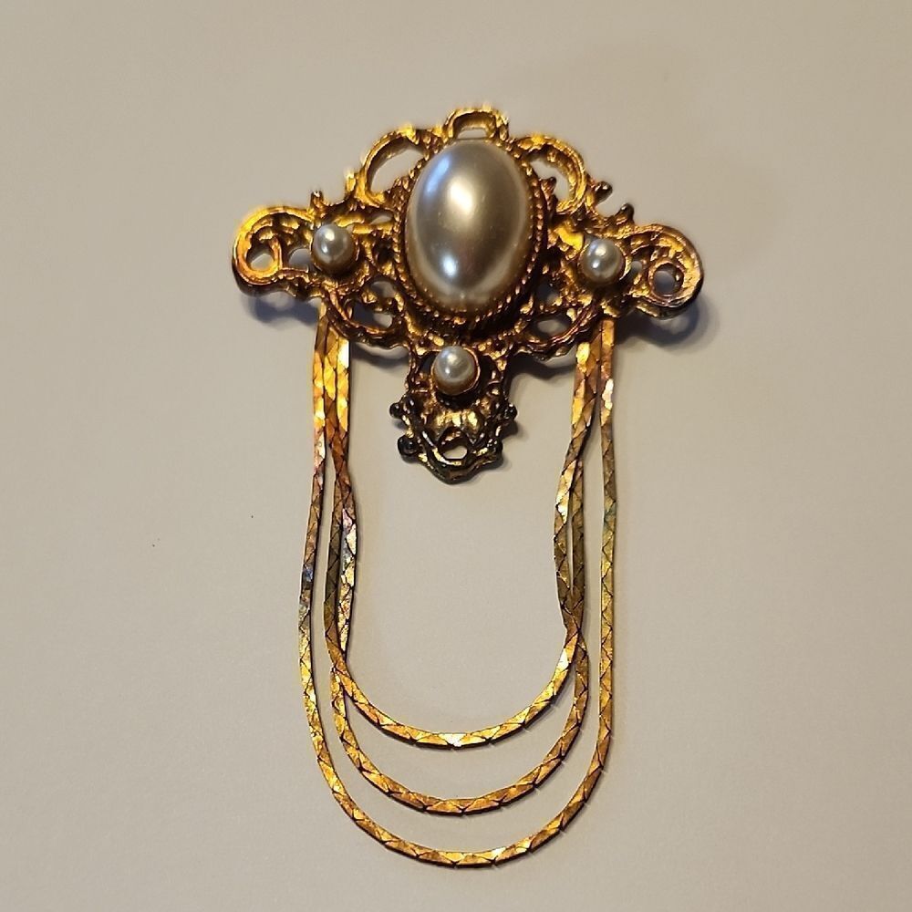 Vintage Gold Tone & Faux Pearl Ornate Brooch W/ Dangling Chains Victorian Style